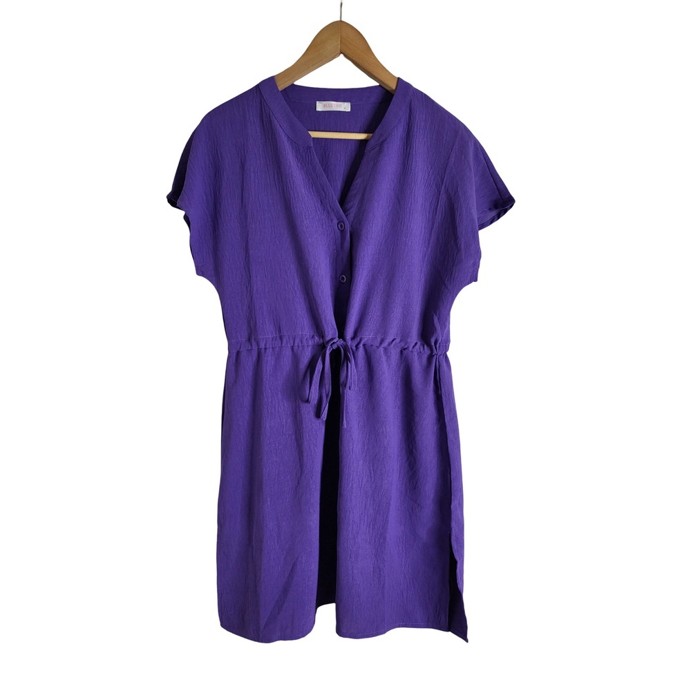 Bluetime Purple Textured Drawstring Waist Button Front Mini Dress Womens Size M